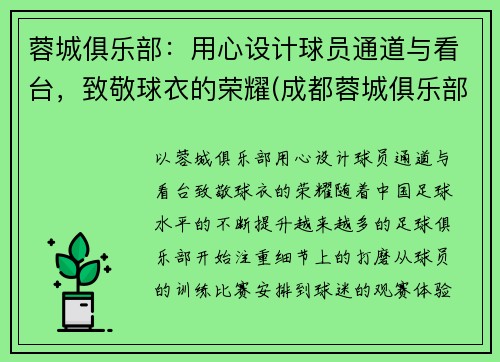 蓉城俱乐部：用心设计球员通道与看台，致敬球衣的荣耀(成都蓉城俱乐部主场)