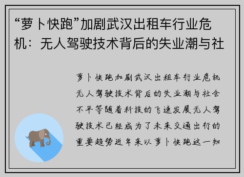 “萝卜快跑”加剧武汉出租车行业危机：无人驾驶技术背后的失业潮与社会不平等