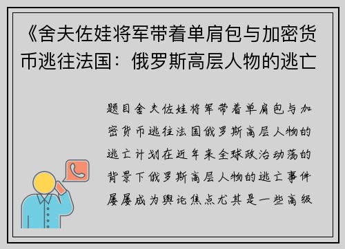 《舍夫佐娃将军带着单肩包与加密货币逃往法国：俄罗斯高层人物的逃亡计划》