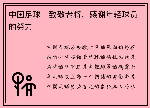 中国足球：致敬老将，感谢年轻球员的努力