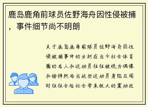 鹿岛鹿角前球员佐野海舟因性侵被捕,事件细节尚不明朗 鹿岛鹿角前球员佐野海舟因性侵被捕,事件细节尚不明朗