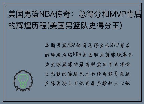 美国男篮NBA传奇：总得分和MVP背后的辉煌历程(美国男篮队史得分王)
