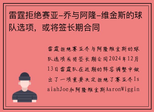 雷霆拒绝赛亚-乔与阿隆-维金斯的球队选项，或将签长期合同