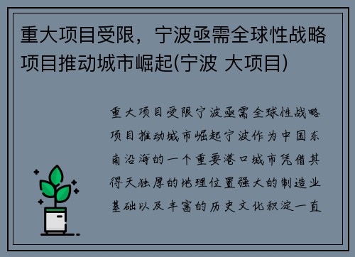 重大项目受限，宁波亟需全球性战略项目推动城市崛起(宁波 大项目)